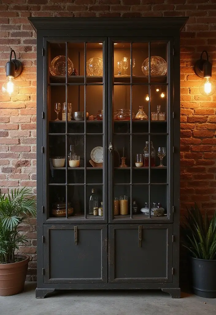 Industrial smoked-glass cabinet with metal and brick accents