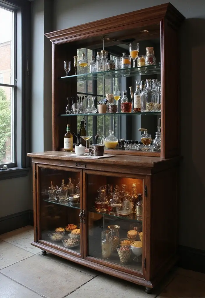 Interactive smoked-glass cabinet display with cocktail tools