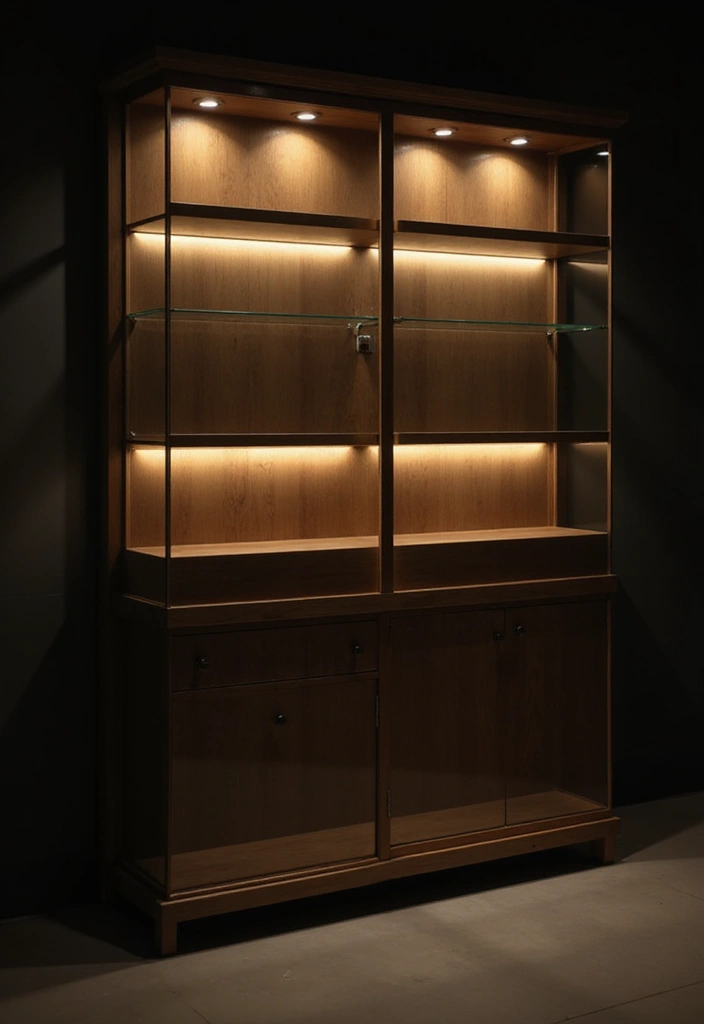 Layered lighting in smoked-glass cabinet