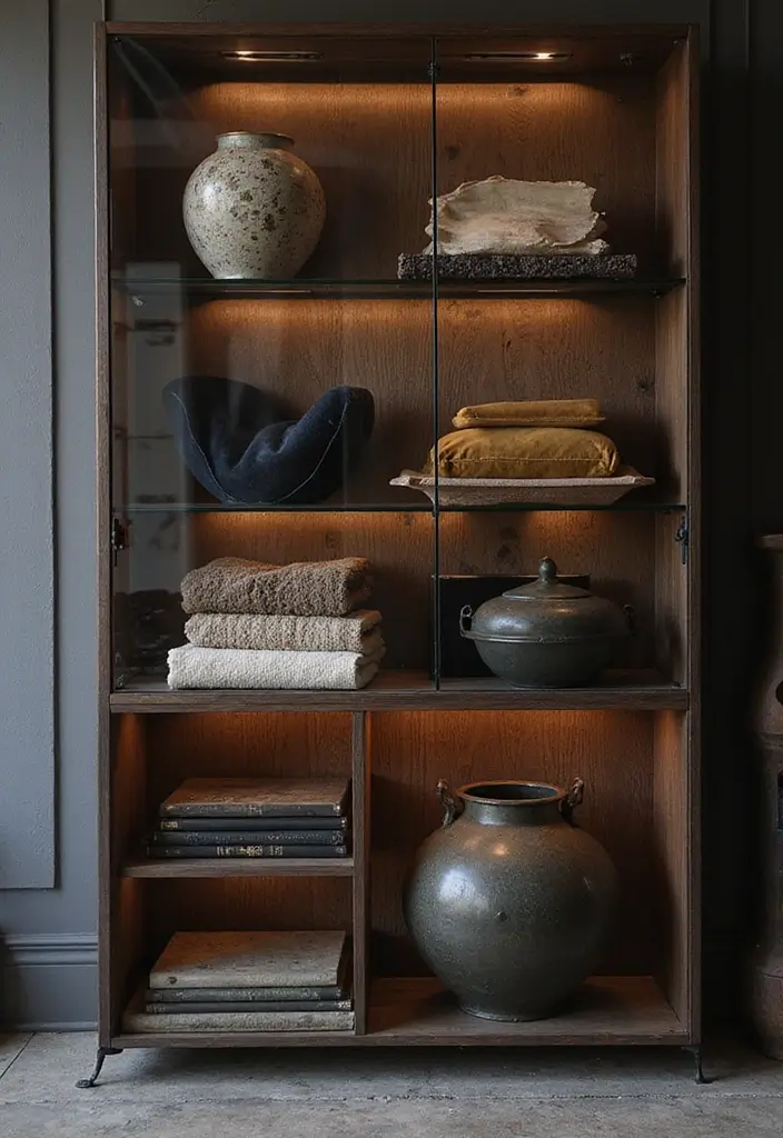 Smoked-glass cabinet with layered textures