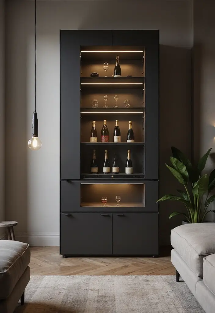 Minimalist smoked-glass cabinet with subtle lighting