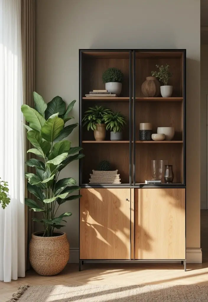 Smoked-glass cabinet with plants and natural decor