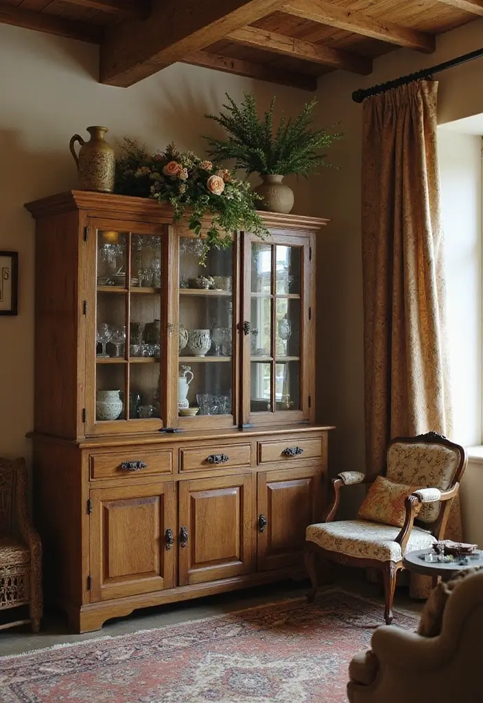 Rustic smoked-glass cabinet with farmhouse accents