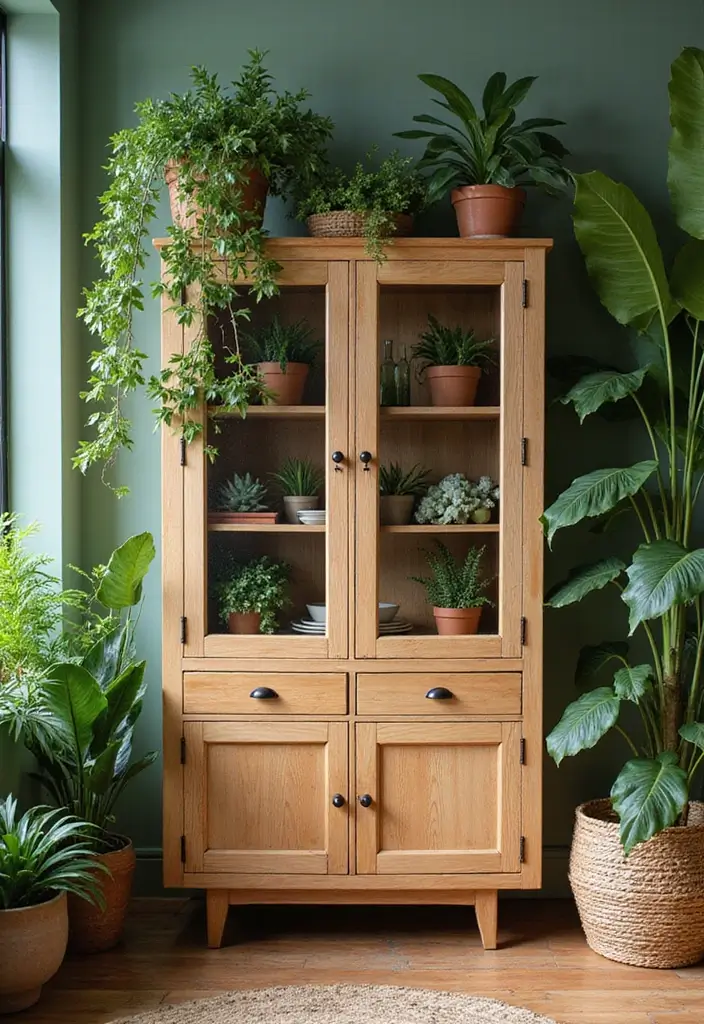 Tropical-themed smoked-glass cabinet with greenery
