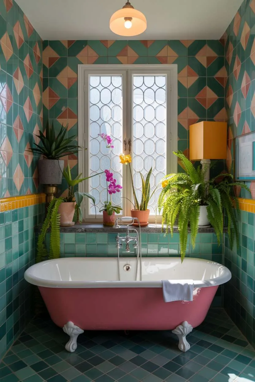 Eclectic bathroom with teal, coral, and yellow geometric tiles and pink clawfoot tub