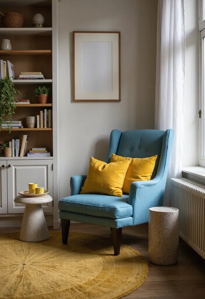 Cozy Reading Nook with Yellow and Blue