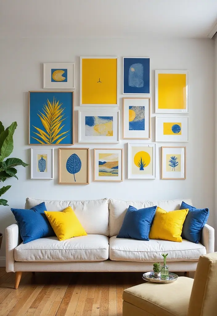 Gallery Wall with Yellow and Blue Art