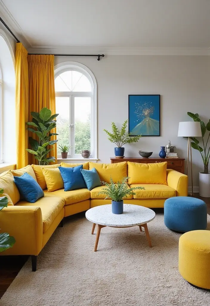 Chic Living Room with Yellow, Blue, and Terrazzo