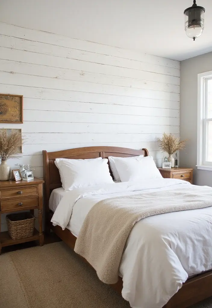 Shiplap Accent Wall in Vintage Farmhouse Bedroom