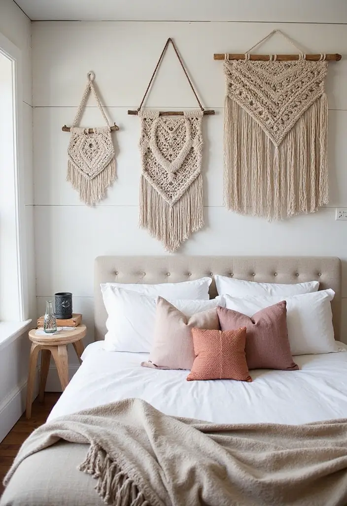 Textured Wall Hangings in Farmhouse Bedroom