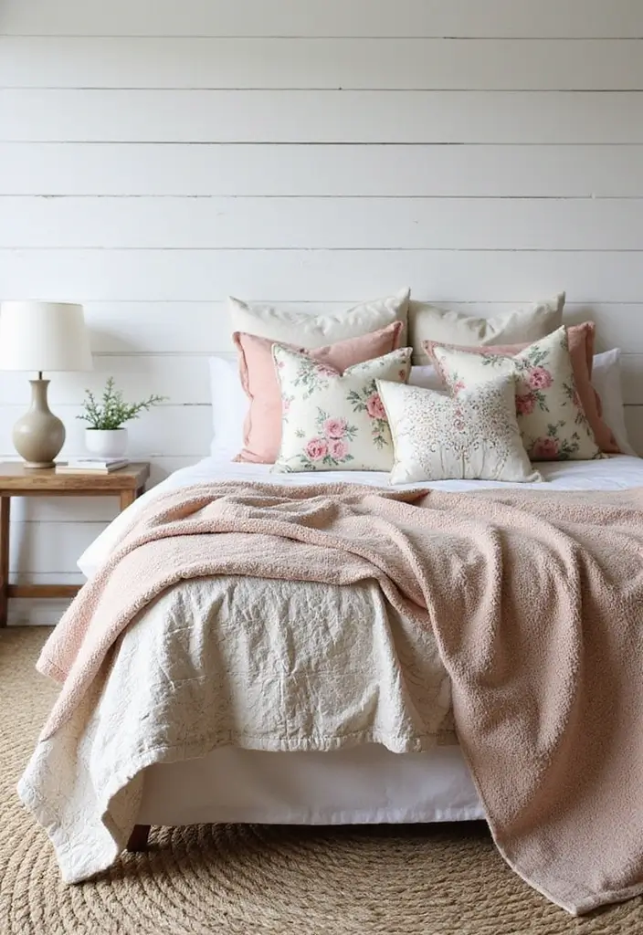 Layered Textiles in Farmhouse Bedroom