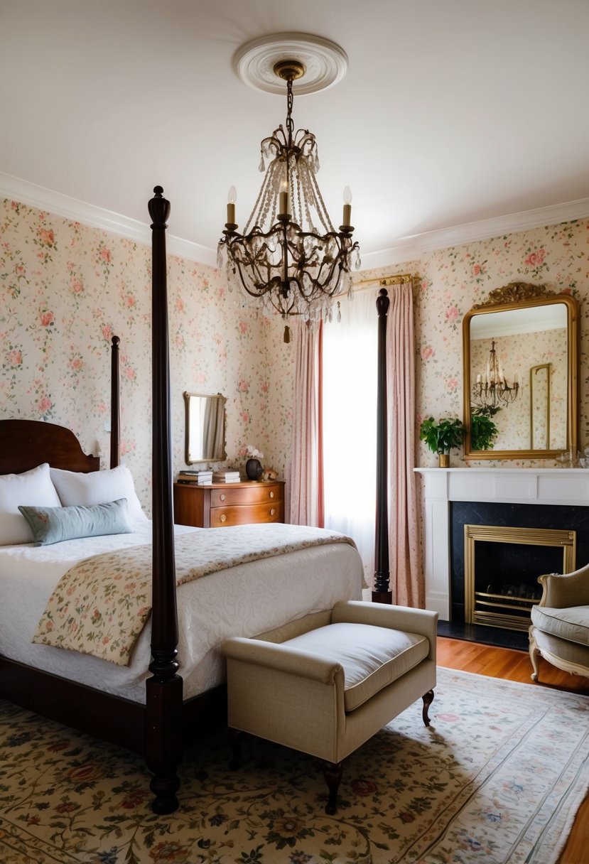 A cozy bedroom with a four-poster bed, floral wallpaper, and a vintage chandelier. A fireplace, antique dresser, and plush armchair complete the classic decor