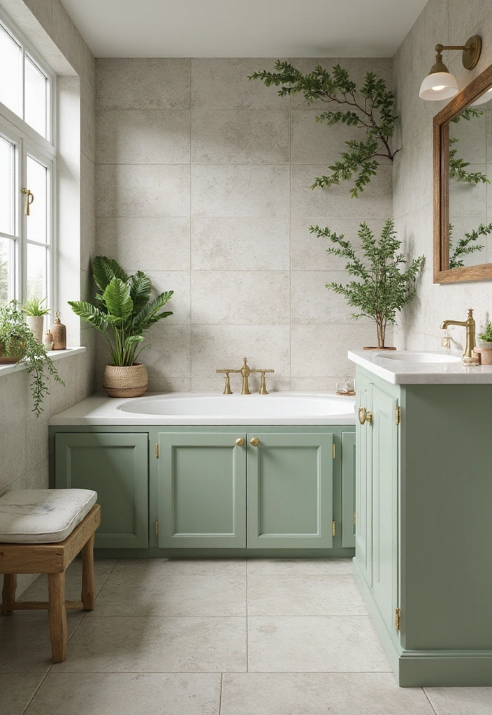 Nature-Inspired Calm Bathroom with Green Cabinets and Porcelain Tiles