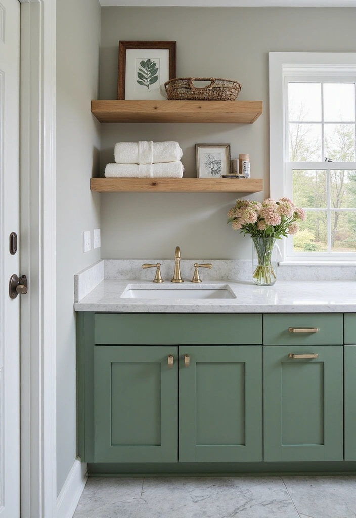 Open Shelving with Green Cabinets