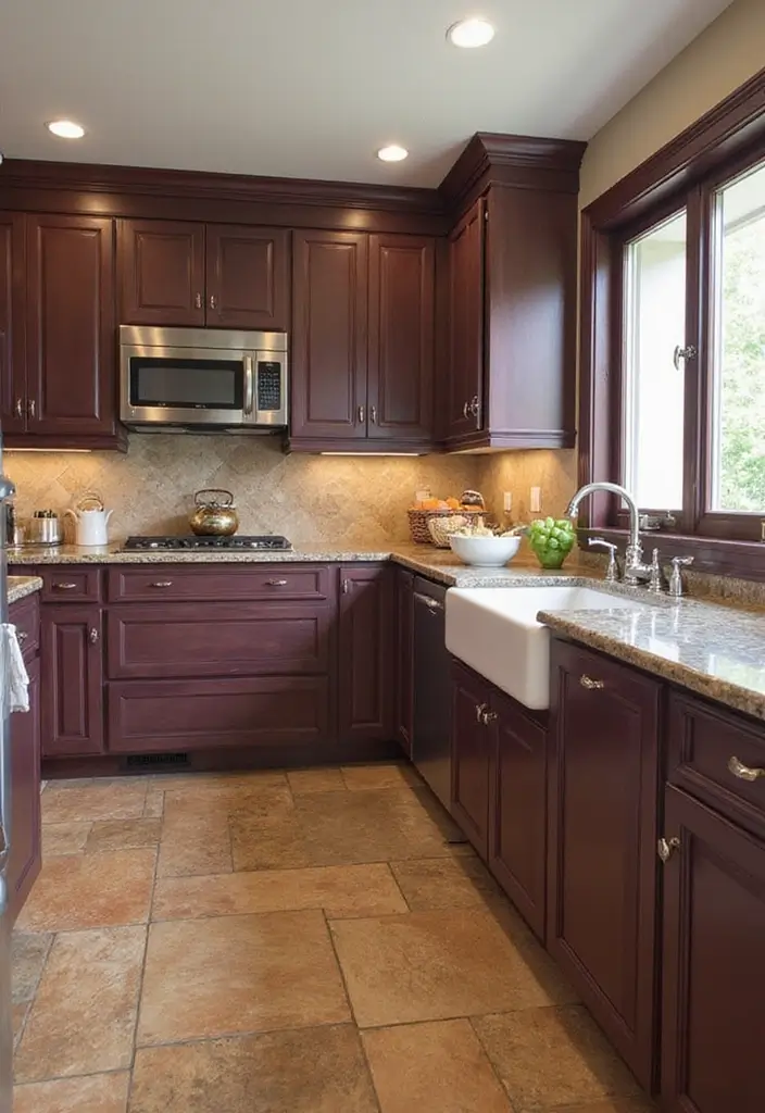 Plum-Brown Kitchen Cabinets with Cinnamon Slate Countertops