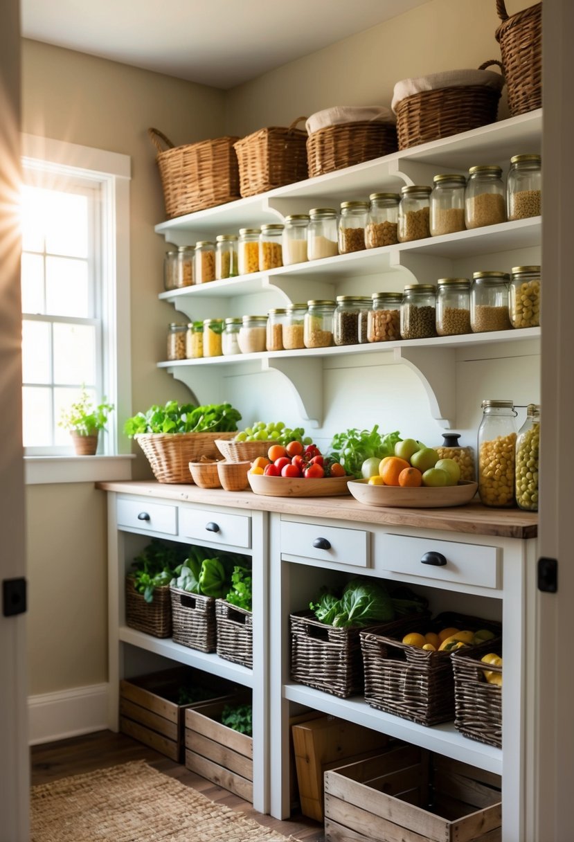 A cozy farmhouse pantry filled with shelves of neatly organized jars, baskets of fresh produce, and rustic wooden crates. Sunlight streams in through a small window, casting a warm glow over the charming space
