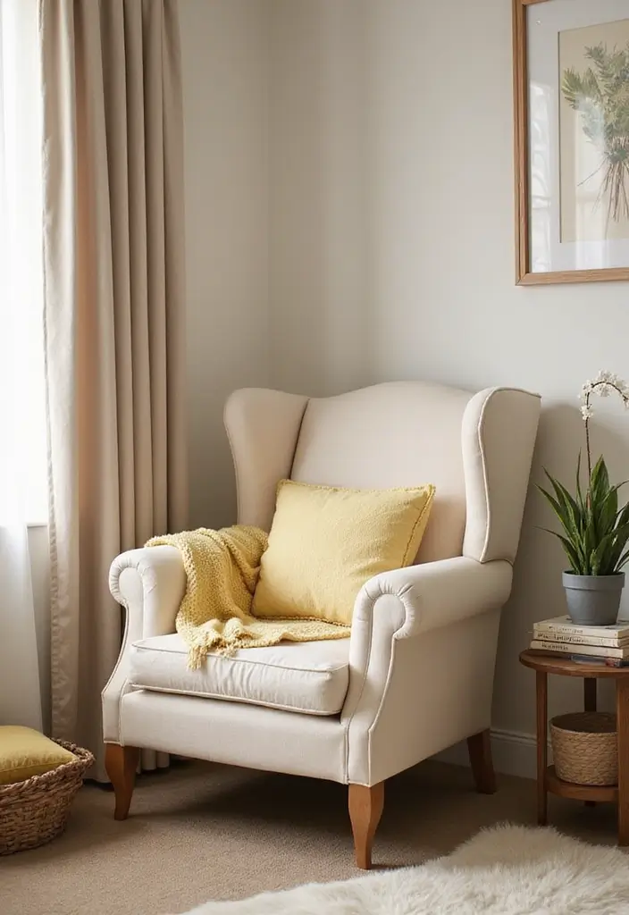 Cozy Reading Corner with Cream Wingback Chair and Pastel Yellow Throw