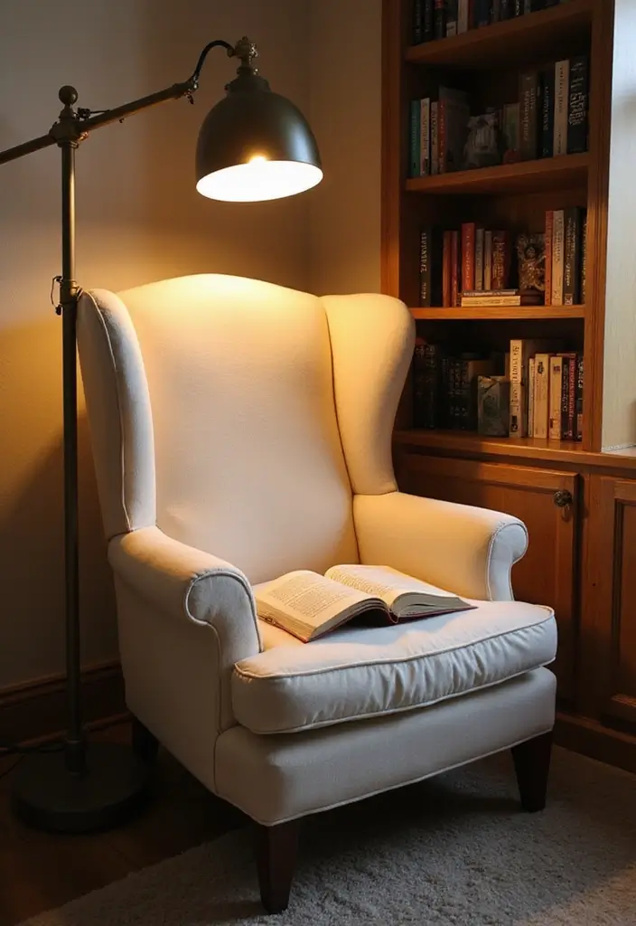 Reading Corner with Warm Lighting and Cream Wingback Chair