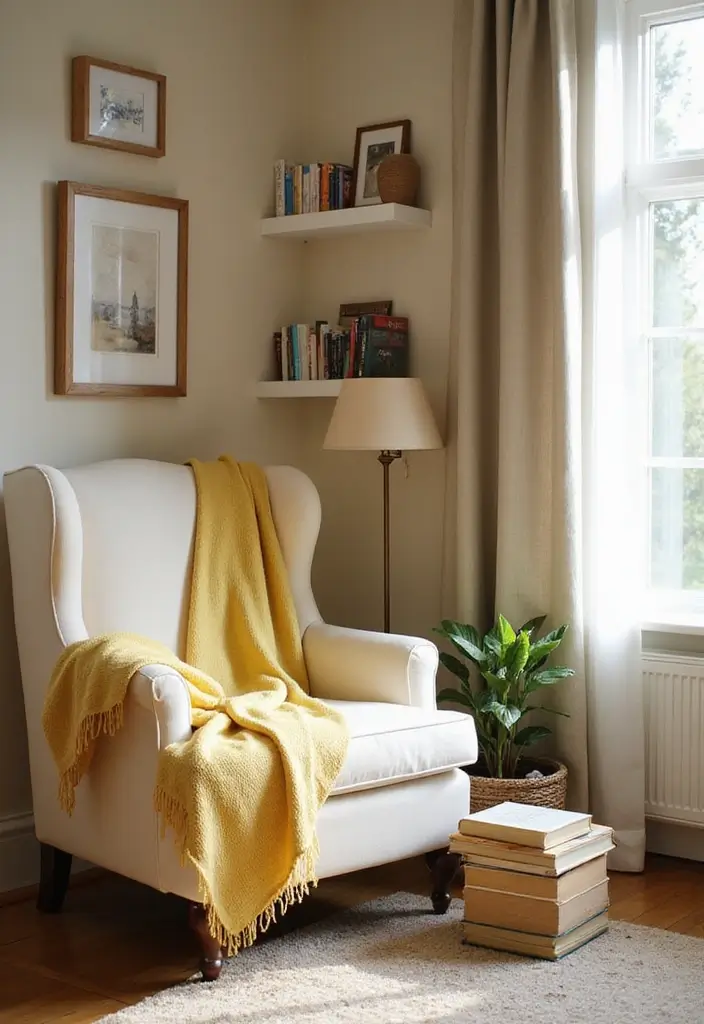 Cozy Reading Corner with Cream Wingback Chair and Pastel Yellow Throw