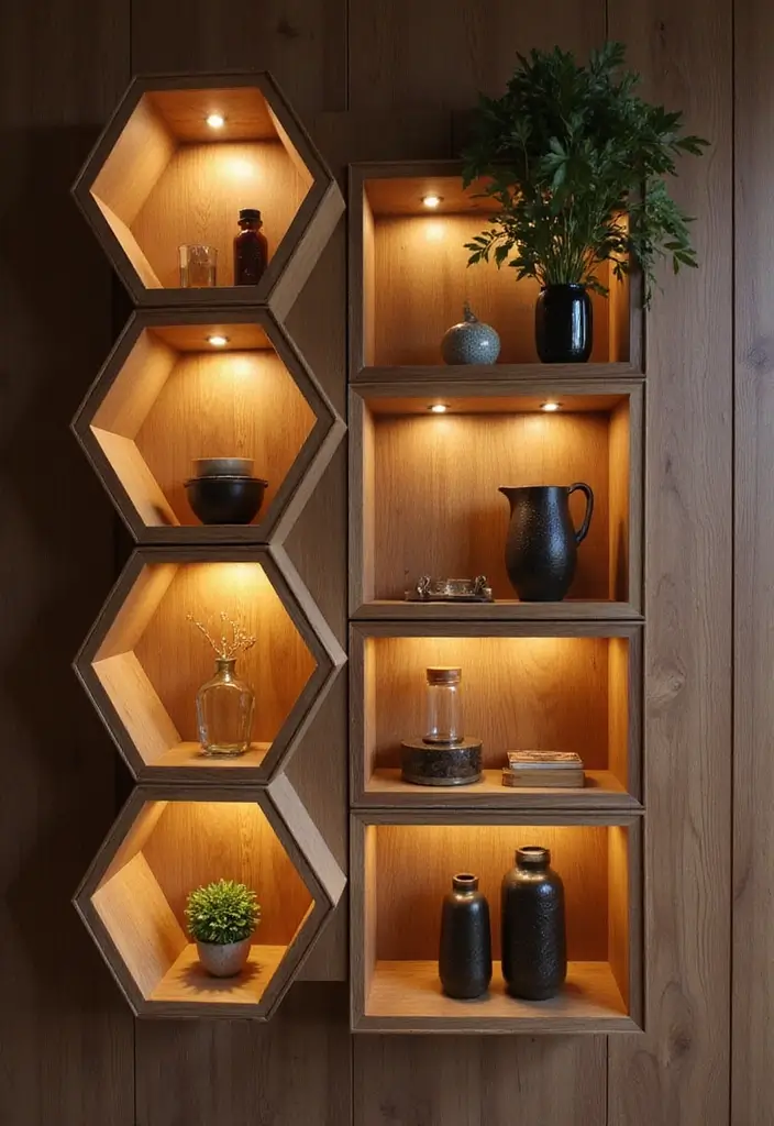 Hexagon LED lights integrated into shelves