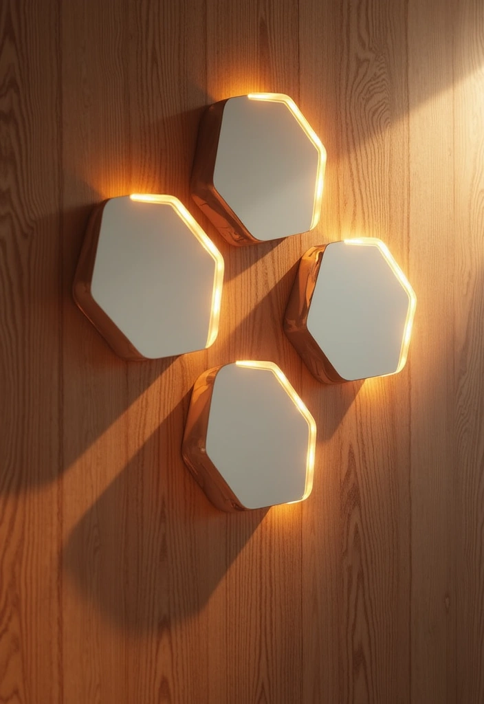 Floating Hexagonal LED Mirrors casting hexagon shadows on walnut grain