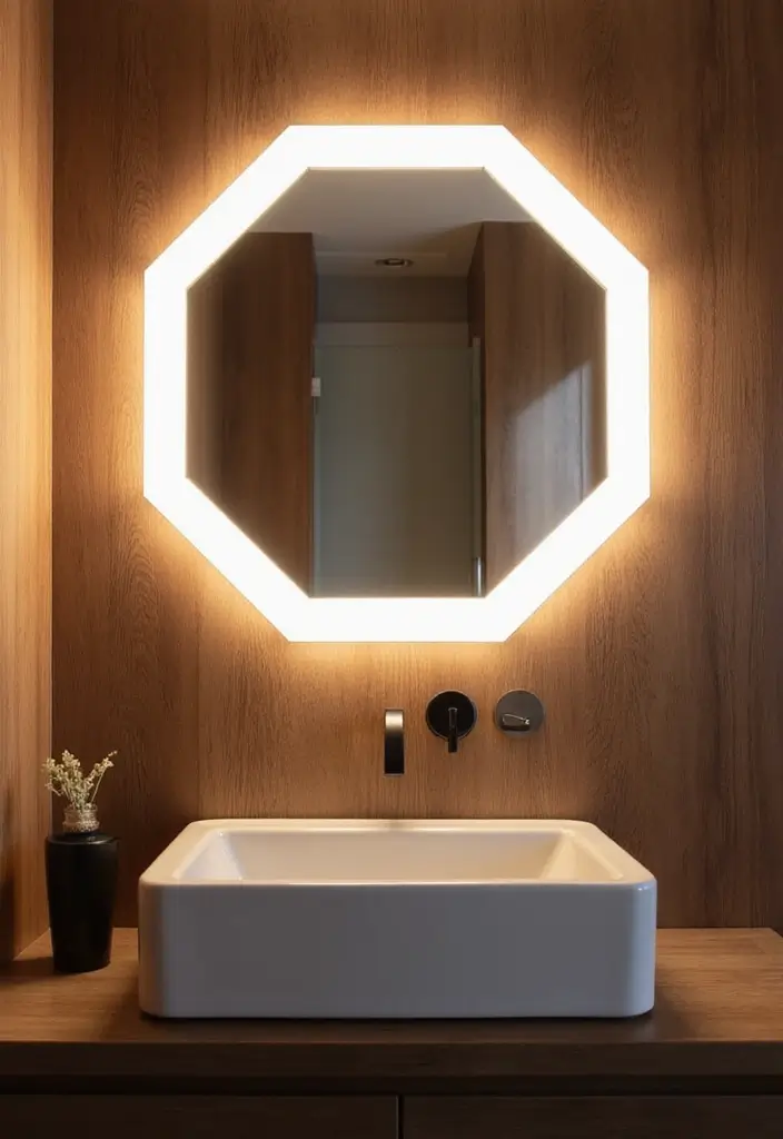 Backlit hexagon mirror with soft halo lighting