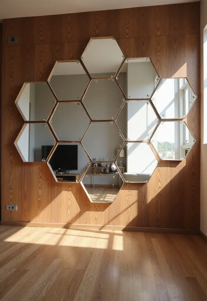 Hexagon LED mirror panels arranged in honeycomb pattern