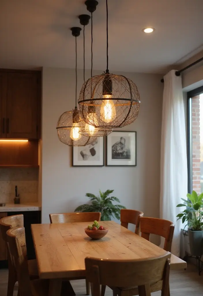 Hexagon pendant lights with walnut accents