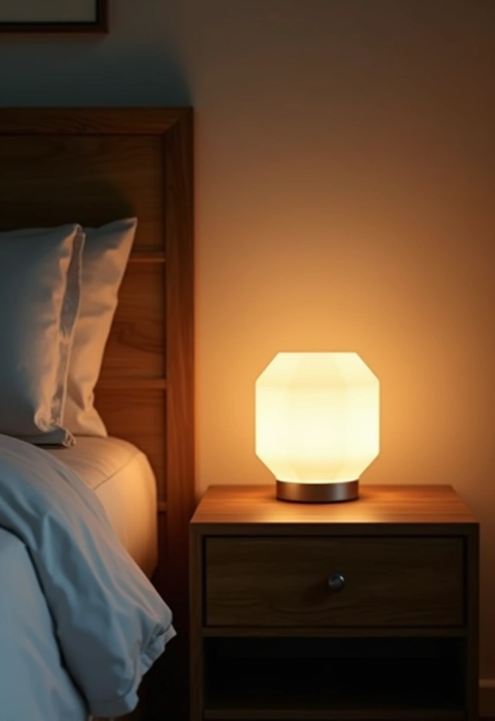 Hexagon LED table lamps on walnut surfaces