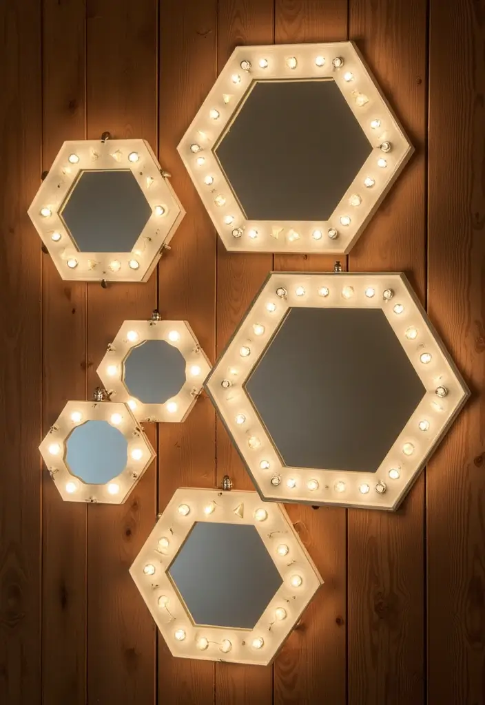 Creative hexagon LED mirror lights on walnut grain