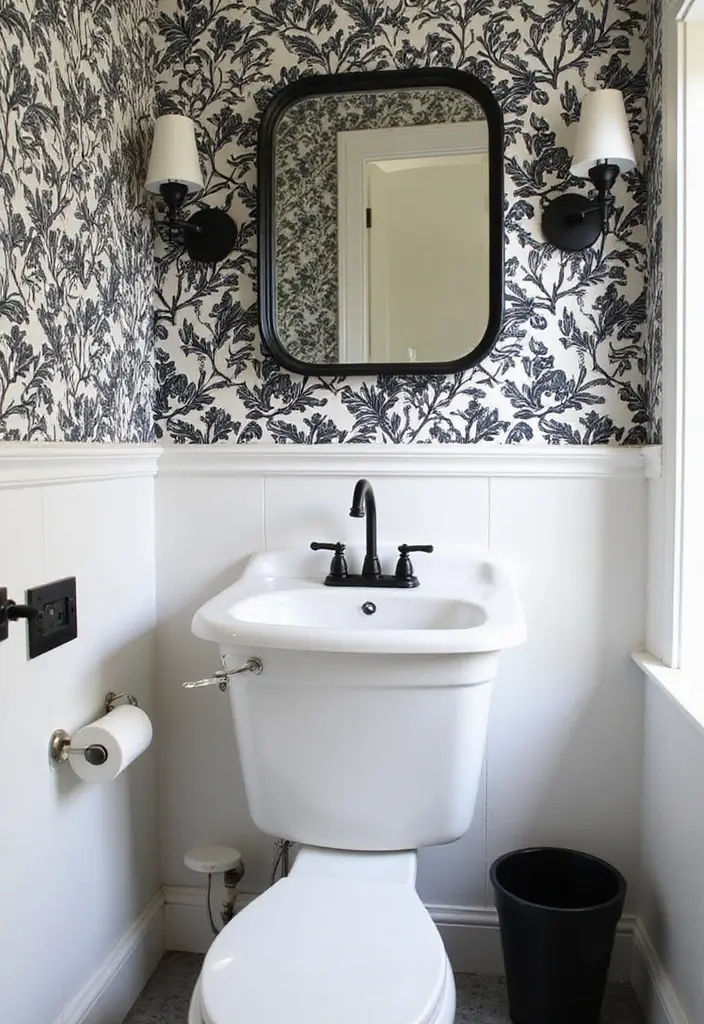 Striking Monochrome Contrast in Half Bathroom with Pedestal Sink
