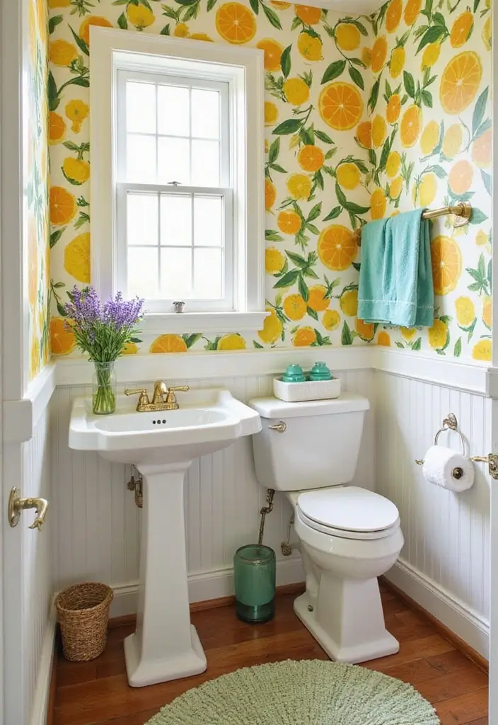 Vibrant Citrus Accents in Half Bathroom with Pedestal Sink