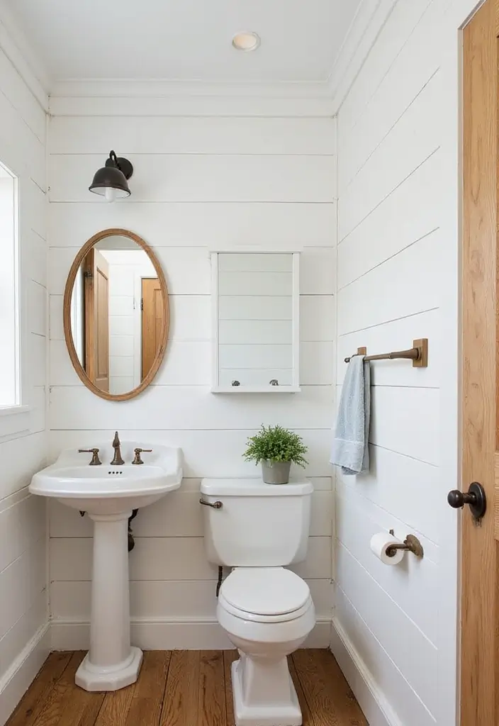 Coastal Shiplap Style in Half Bathroom with Pedestal Sink