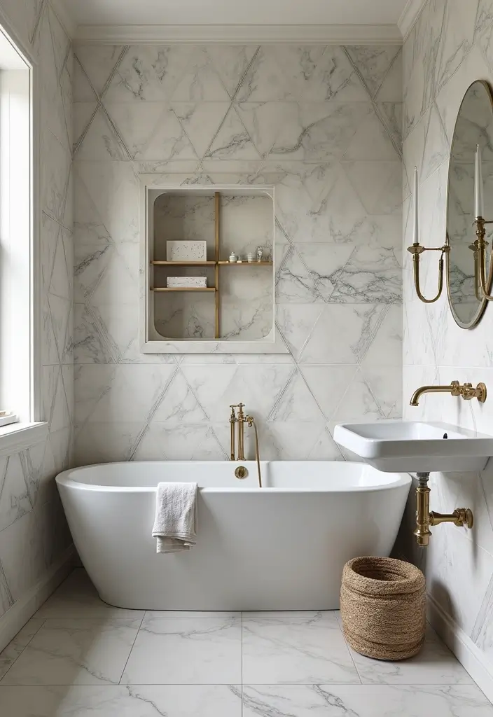 Marble Geometric Chic in Half Bathroom with Pedestal Sink