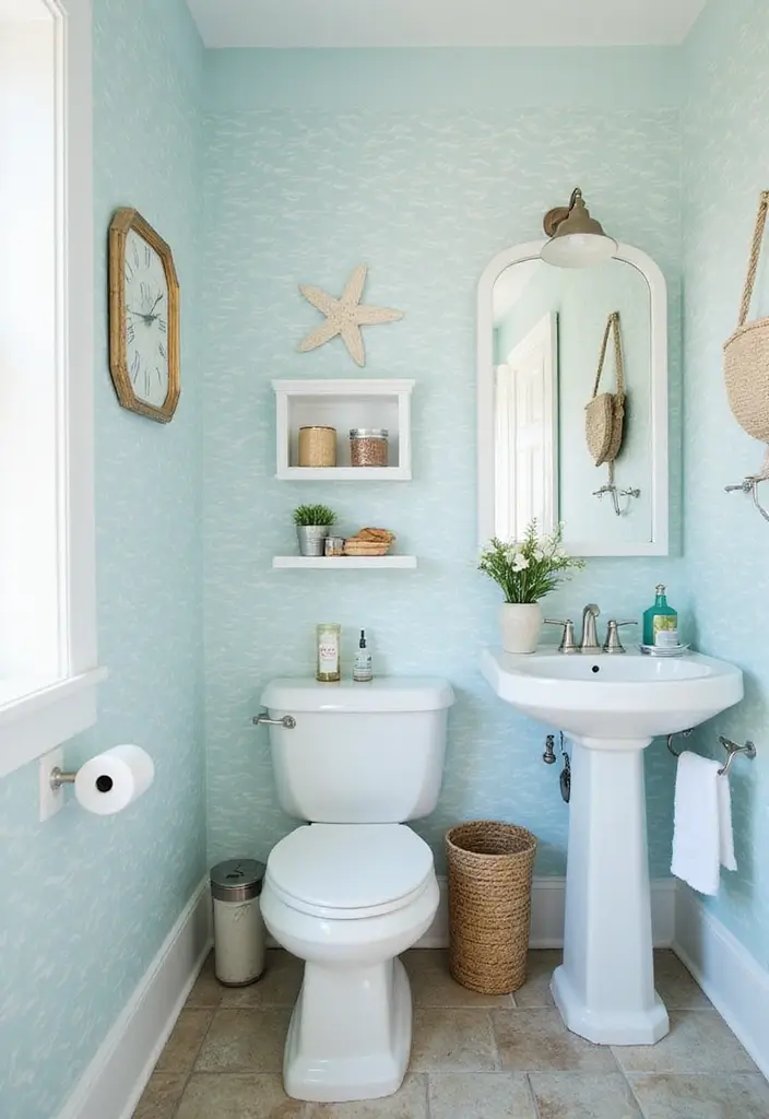 Serene Coastal Blues in Half Bathroom with Pedestal Sink