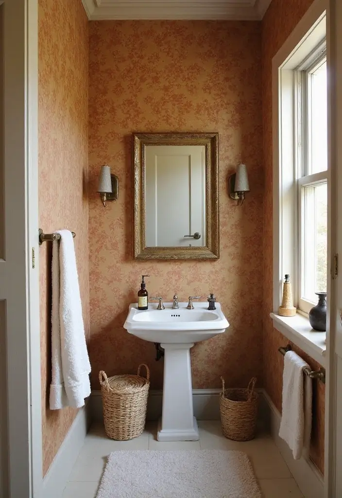 Warm Earthy Hues in Half Bathroom with Pedestal Sink