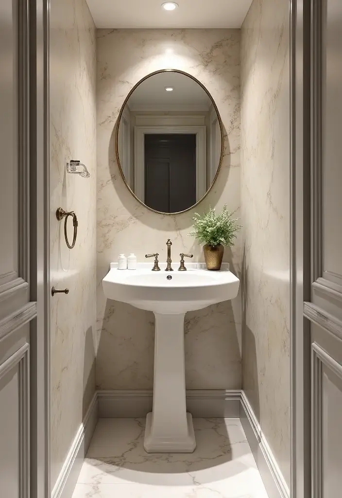 Luxurious Marble Impressions in Half Bathroom with Pedestal Sink