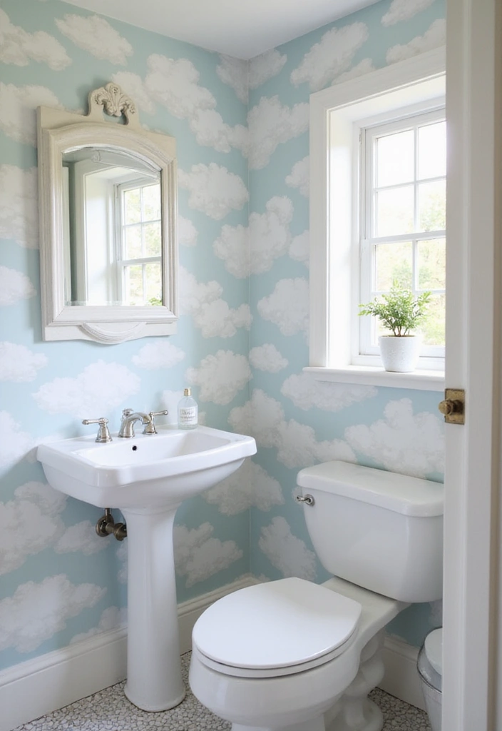 Dreamy Cloud Motifs in Half Bathroom with Pedestal Sink