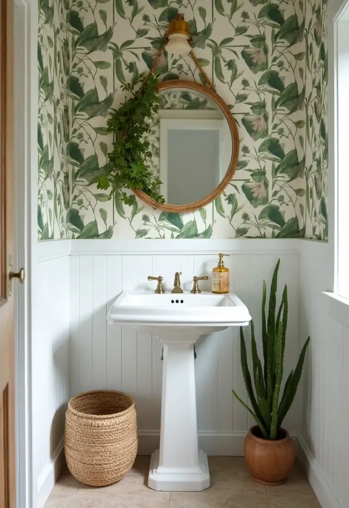 Lush Botanical Themes in Half Bathroom with Pedestal Sink