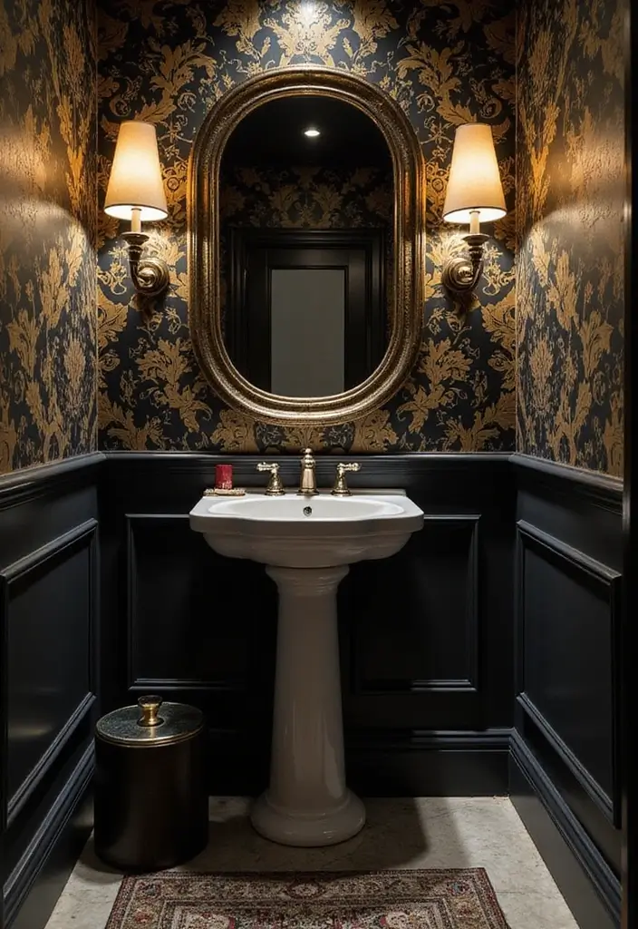 Dramatic Black and Gold in Half Bathroom with Pedestal Sink