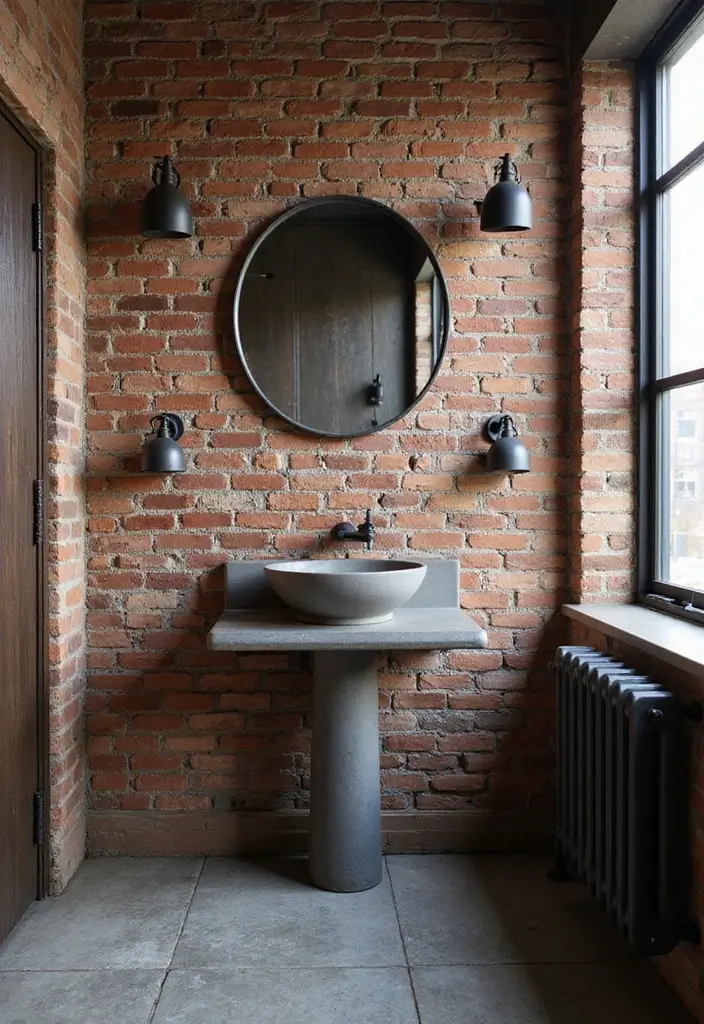 Industrial Exposed Brick Look in Half Bathroom with Pedestal Sink