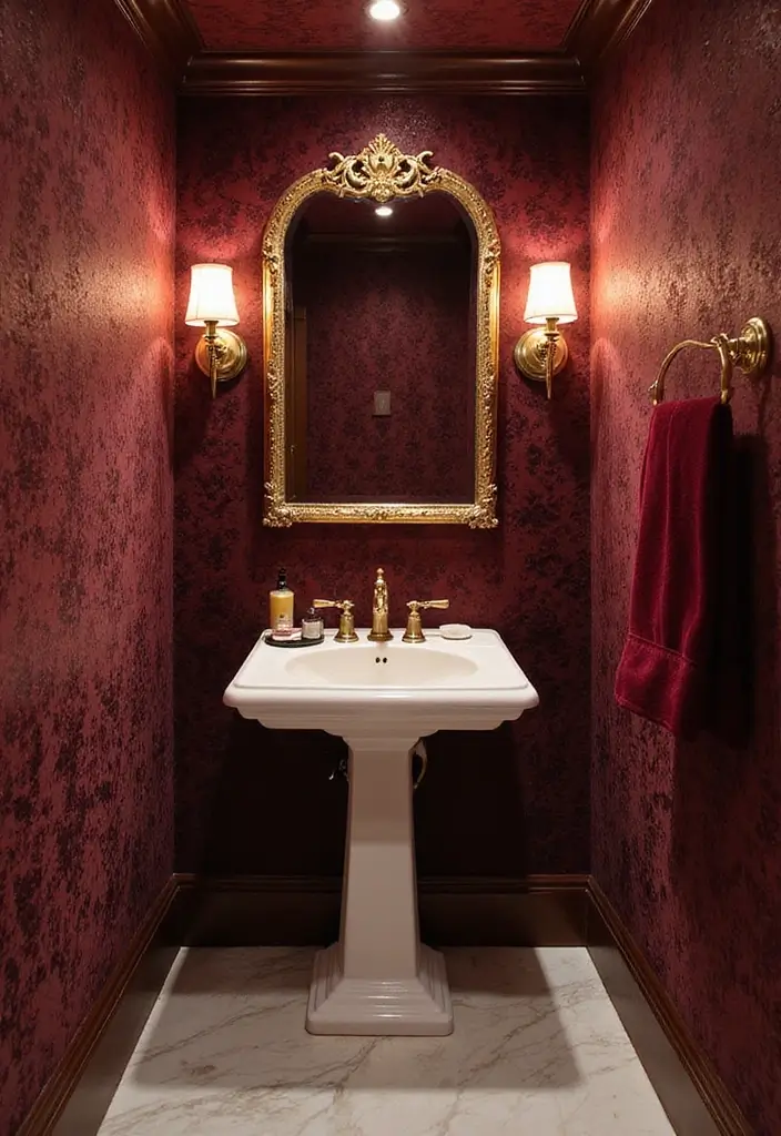 Sumptuous Velvet Finishes in Half Bathroom with Pedestal Sink