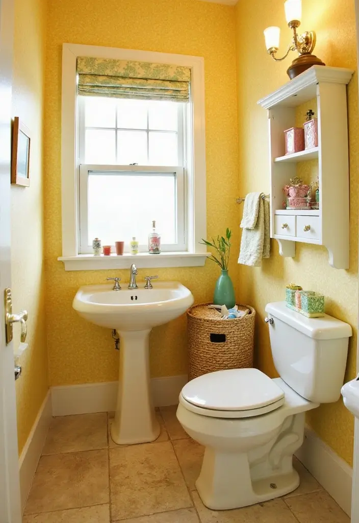 Cheerful Yellow Tones in Half Bathroom with Pedestal Sink
