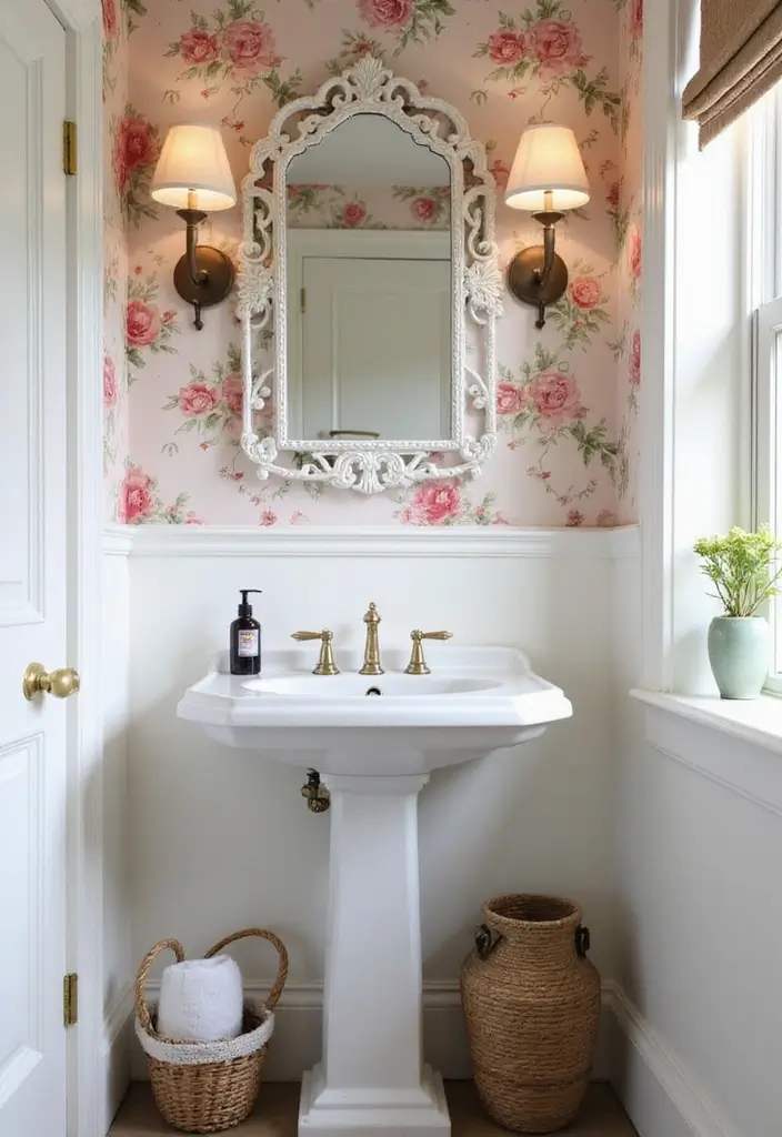 Romantic Pastel Florals in Half Bathroom with Pedestal Sink