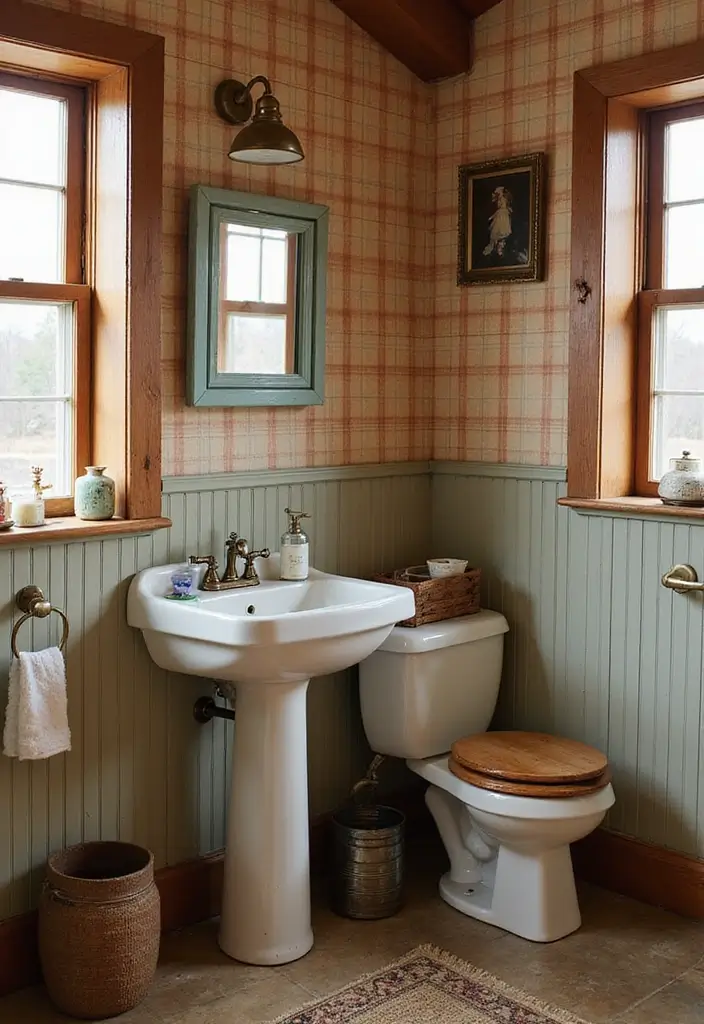 Country Rustic Plaid in Half Bathroom with Pedestal Sink
