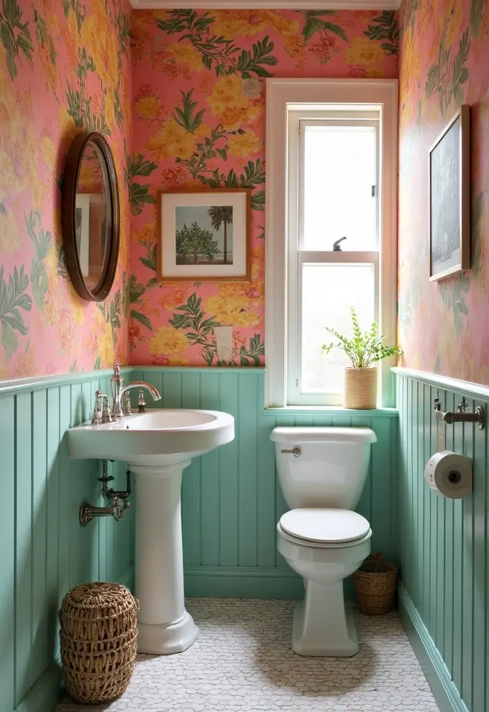 Vibrant Color Bursts in Half Bathroom with Pedestal Sink