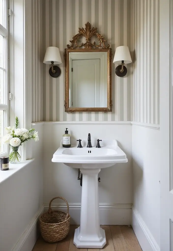 Elegant Striped Walls in Half Bathroom with Pedestal Sink