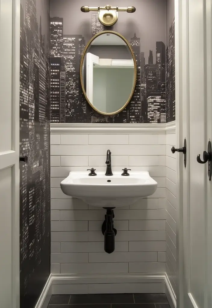 Urban Cityscape Design in Half Bathroom with Pedestal Sink