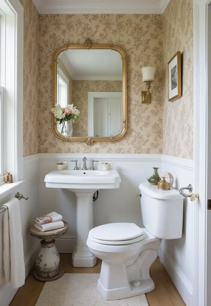 Vintage Damask Style in Half Bathroom with Pedestal Sink