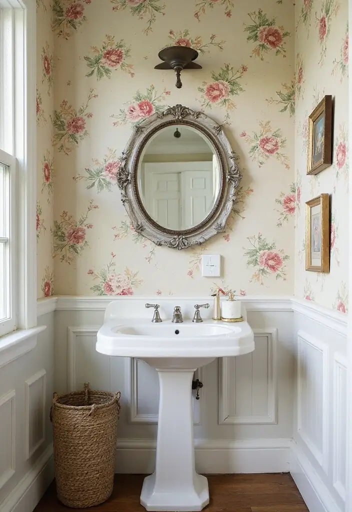 Timeless Floral Elegance in Half Bathroom with Pedestal Sink